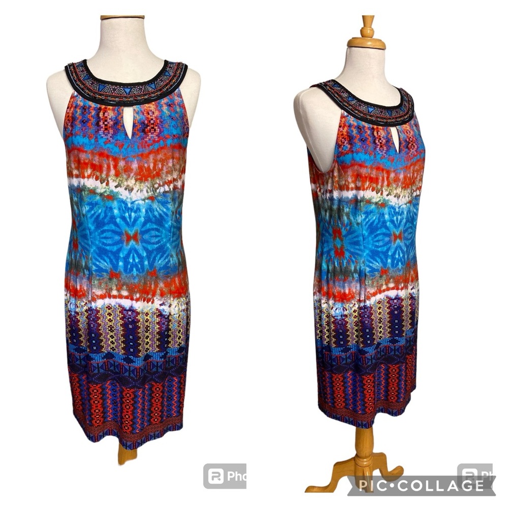 Studio One Tank MIDI Dress Mix Print Aztec Tie Dye Beaded Neck Knee Length